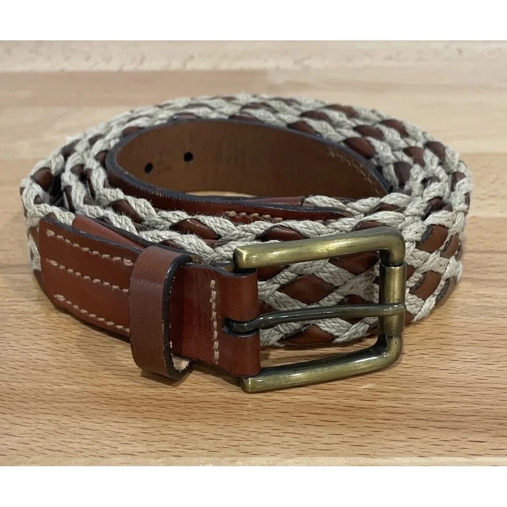 Trafalgar Mens Woven Belt 44 Brown Leather Jute Rope Casual‎ Brass Buckle USA